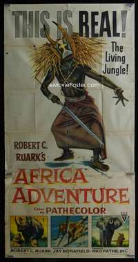 p221 AFRICA ADVENTURE three-sheet movie poster '54 wild jungle image!