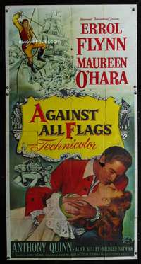 p222 AGAINST ALL FLAGS three-sheet movie poster '52 Errol Flynn, O'Hara