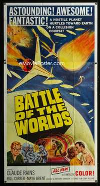 p236 BATTLE OF THE WORLDS three-sheet movie poster '61 cool Italian sci-fi!