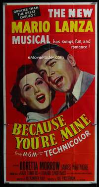 p237 BECAUSE YOU'RE MINE three-sheet movie poster '52 singing Mario Lanza!
