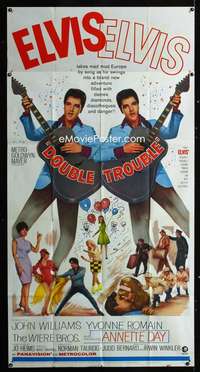 p293 DOUBLE TROUBLE three-sheet movie poster '67 rockin' Elvis Presley!