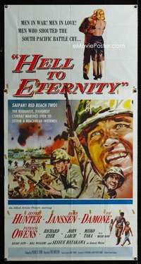 p357 HELL TO ETERNITY three-sheet movie poster '60 Jeffrey Hunter, WWII