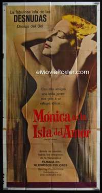 p381 ISLE OF LEVANT Spanish/U.S. three-sheet movie poster '57 nude sun goddesses!