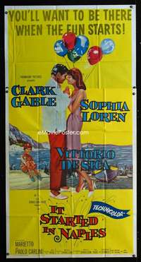 p383 IT STARTED IN NAPLES three-sheet movie poster '60 Clark Gable, Loren