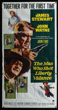 p417 MAN WHO SHOT LIBERTY VALANCE three-sheet movie poster '62 Wayne, Stewart