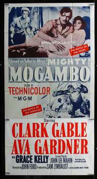 p433 MOGAMBO three-sheet movie poster R60s Clark Gable, Grace Kelly, Africa!
