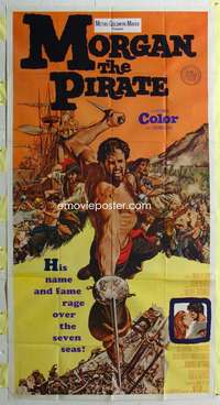 p436 MORGAN THE PIRATE int'l three-sheet movie poster '61 raging Steve Reeves!