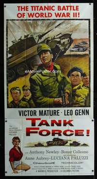 p453 NO TIME TO DIE three-sheet movie poster '58 Victor Mature, Tank Force!