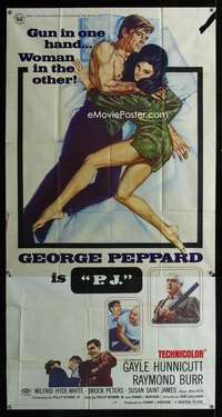p467 P.J. three-sheet movie poster '68 George Peppard, Raymond Burr, Hunnicutt