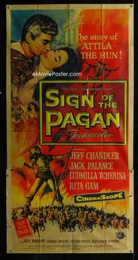 p519 SIGN OF THE PAGAN three-sheet movie poster '54 Palance as Attila the Hun!
