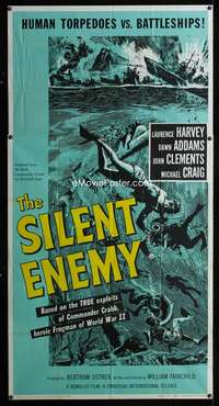 p521 SILENT ENEMY three-sheet movie poster '59 English human torpedoes!