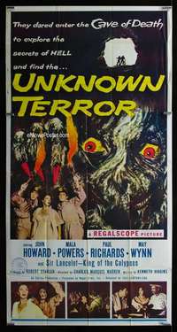 p582 UNKNOWN TERROR three-sheet movie poster '57 explore the secrets of HELL!