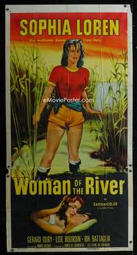 p603 WOMAN OF THE RIVER three-sheet movie poster '57 sexy Sophia Loren!