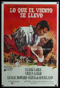 p695 GONE WITH THE WIND Argentinean movie poster R70s Gable, Leigh