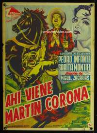 t092 AHI VIENE MARTIN CORONA Mexican movie poster '52 Infante
