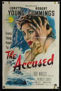 w020 ACCUSED style A 1sh '49 great super close art of terrified sexy Loretta Young & dead body!