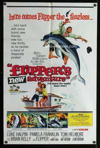 w331 FLIPPER'S NEW ADVENTURE one-sheet movie poster '64 fearless dolphin!