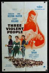 w799 THREE VIOLENT PEOPLE one-sheet movie poster '56 Charlton Heston