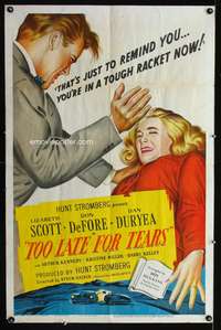 w809 TOO LATE FOR TEARS one-sheet movie poster '49 great slapping image!