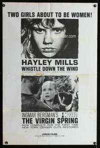 w889 WHISTLE DOWN THE WIND/VIRGIN SPRING premiere one-sheet movie poster '60s