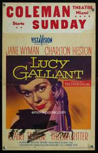 z226 LUCY GALLANT window card movie poster '55 Charlton Heston, Jane Wyman