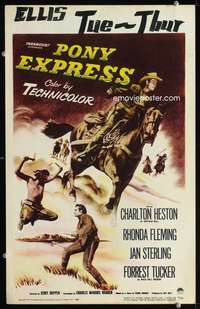z269 PONY EXPRESS window card movie poster '53 Heston as Buffalo Bill!