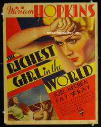 z285 RICHEST GIRL IN THE WORLD window card movie poster '34 Miriam Hopkins
