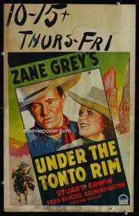 z358 UNDER THE TONTO RIM window card movie poster '33 Zane Grey, great art!