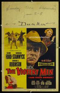 z366 VIOLENT MEN window card movie poster '54 Glenn Ford, Barbara Stanwyck