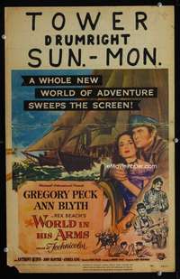 z383 WORLD IN HIS ARMS window card movie poster '52 Gregory Peck, Ann Blyth