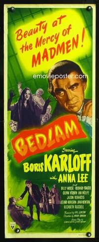 b070 BEDLAM insert movie poster '46 madman Boris Karloff, Val Lewton