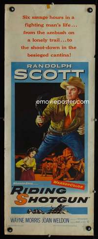 b575 RIDING SHOTGUN insert movie poster '54 Randolph Scott with gun!