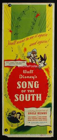 b638 SONG OF THE SOUTH insert movie poster '46 Disney, Uncle Remus