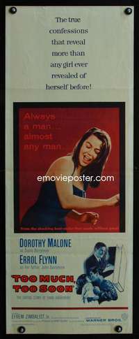b707 TOO MUCH TOO SOON insert movie poster '58 Errol Flynn, Malone