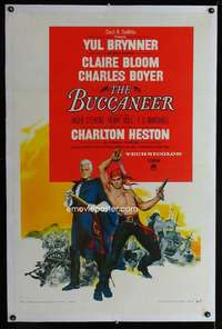 d129 BUCCANEER linen one-sheet movie poster '58 Brynner, Charlton Heston