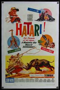 d239 HATARI linen one-sheet movie poster '62 John Wayne, Hawks, Africa!