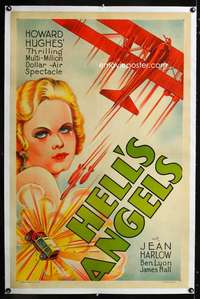 d245 HELL'S ANGELS linen one-sheet movie poster '30s Howard Hughes, Harlow