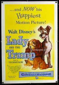 d291 LADY & THE TRAMP linen one-sheet movie poster '55 Walt Disney classic!