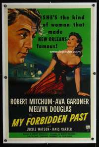 d342 MY FORBIDDEN PAST linen one-sheet movie poster '51 Bob Mitchum, Gardner