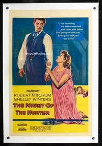 d349 NIGHT OF THE HUNTER linen one-sheet movie poster '55 Robert Mitchum
