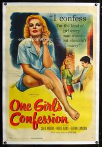d360 ONE GIRL'S CONFESSION linen one-sheet movie poster '53 bad Cleo Moore!