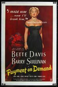 d366 PAYMENT ON DEMAND linen one-sheet movie poster '51 classic Bette Davis!