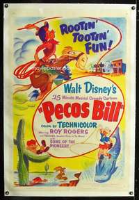 d367 PECOS BILL linen one-sheet movie poster '54 Roy Rogers, Disney cartoon!