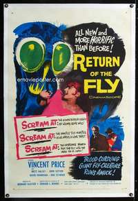 d387 RETURN OF THE FLY linen one-sheet movie poster '59 Price, sci-fi!