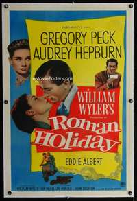 d005 ROMAN HOLIDAY linen one-sheet movie poster '53 Audrey Hepburn, Peck