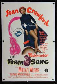 d452 TORCH SONG linen one-sheet movie poster '53 Joan Crawford, unusual art!
