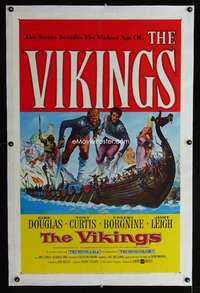 d470 VIKINGS linen one-sheet movie poster '58 Kirk Douglas, Curtis, Leigh