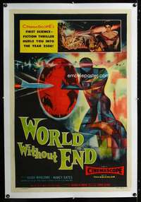 d495 WORLD WITHOUT END linen one-sheet movie poster '56 Reynold Brown art!