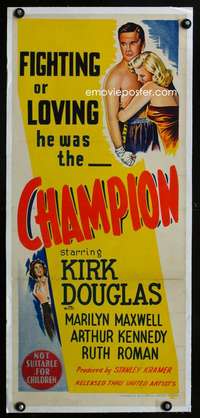 e115 CHAMPION linen Australian daybill movie poster '49 boxing Douglas!