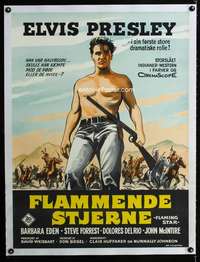 e436 FLAMING STAR linen Danish movie poster '60 Wenzel art of Elvis!